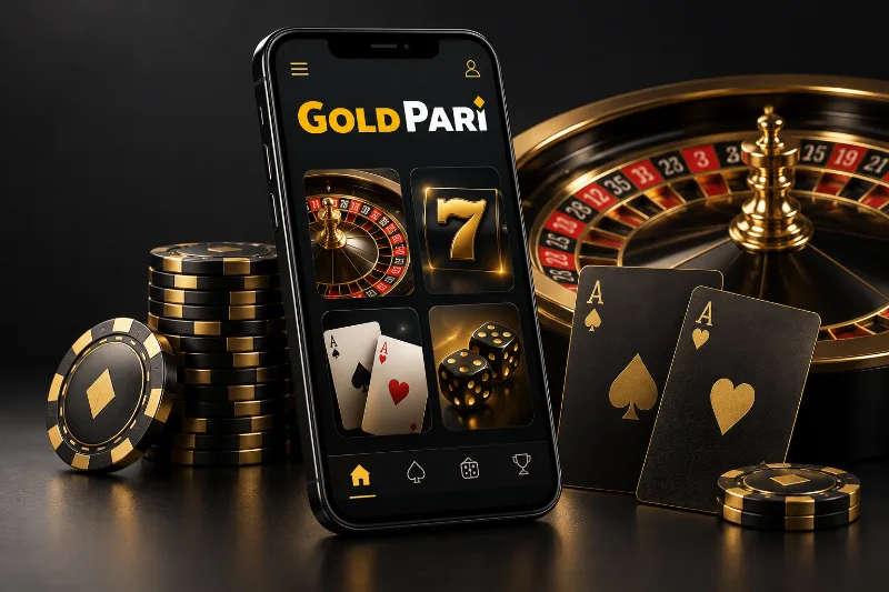 Gold Pari casino illustrated with roulette and cards