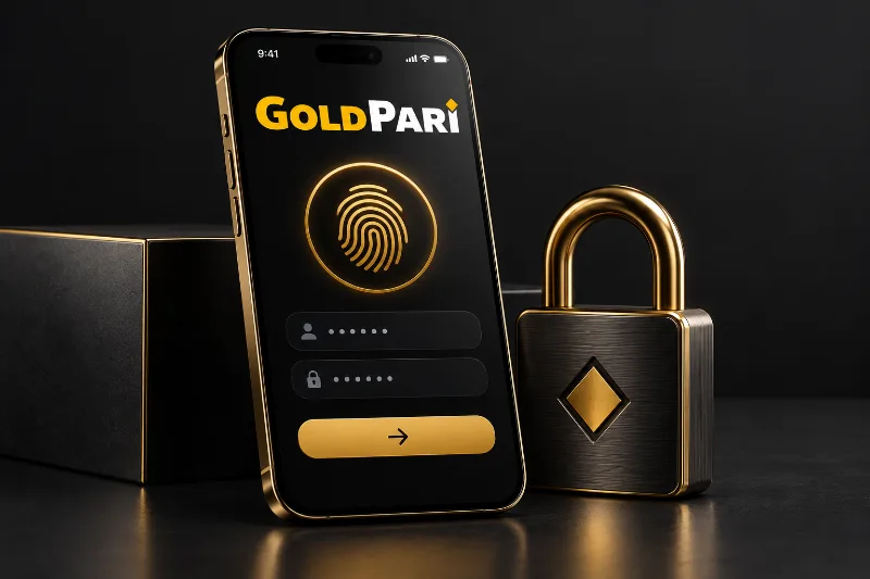 Gold Pari login illustrated with security symbols